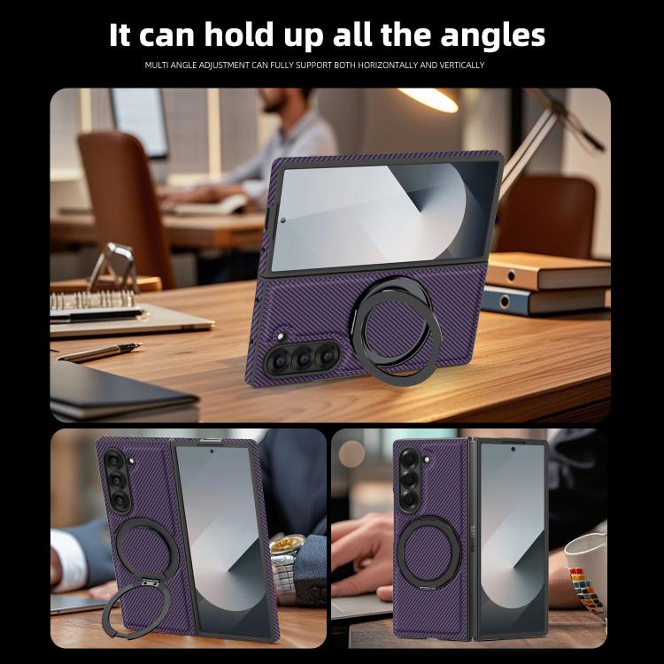 For Samsung Galaxy Z Fold4 Kevlar Carbon Fiber 360 Rotation MagSafe Holder Phone Case