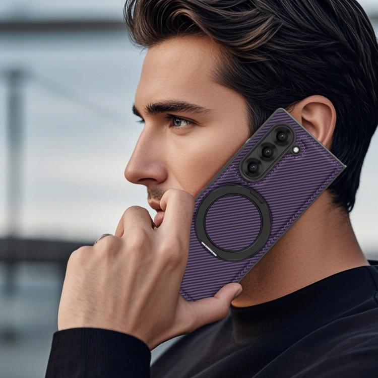 For Samsung Galaxy Z Fold4 Kevlar Carbon Fiber 360 Rotation MagSafe Holder Phone Case