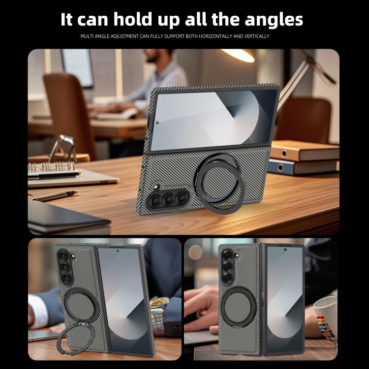 For Samsung Galaxy Z Fold4 Kevlar Carbon Fiber 360 Rotation MagSafe Holder Phone Case