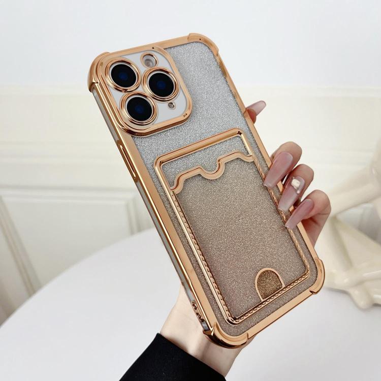For iPhone 11 Pro Max Four-cornered Glitter Electroplated Card Bag TPU Phone Case