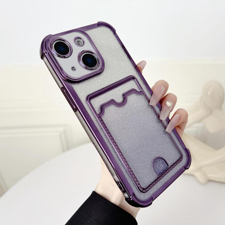 For iPhone 13 Four-cornered Glitter Electroplated Card Bag TPU Phone Case