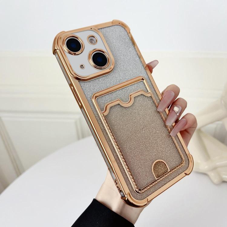 For iPhone 13 Four-cornered Glitter Electroplated Card Bag TPU Phone Case