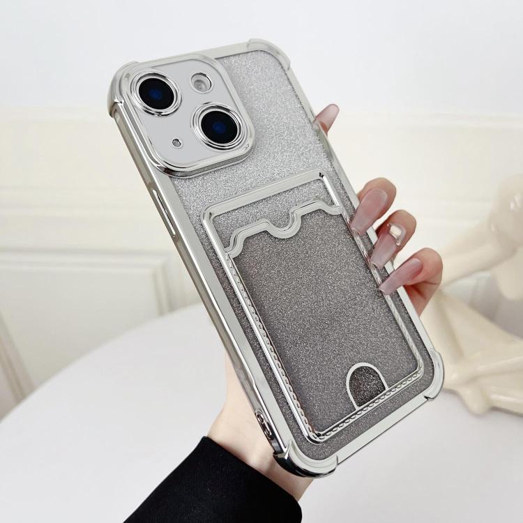 For iPhone 14 Plus Four-cornered Glitter Electroplated Card Bag TPU Phone Case