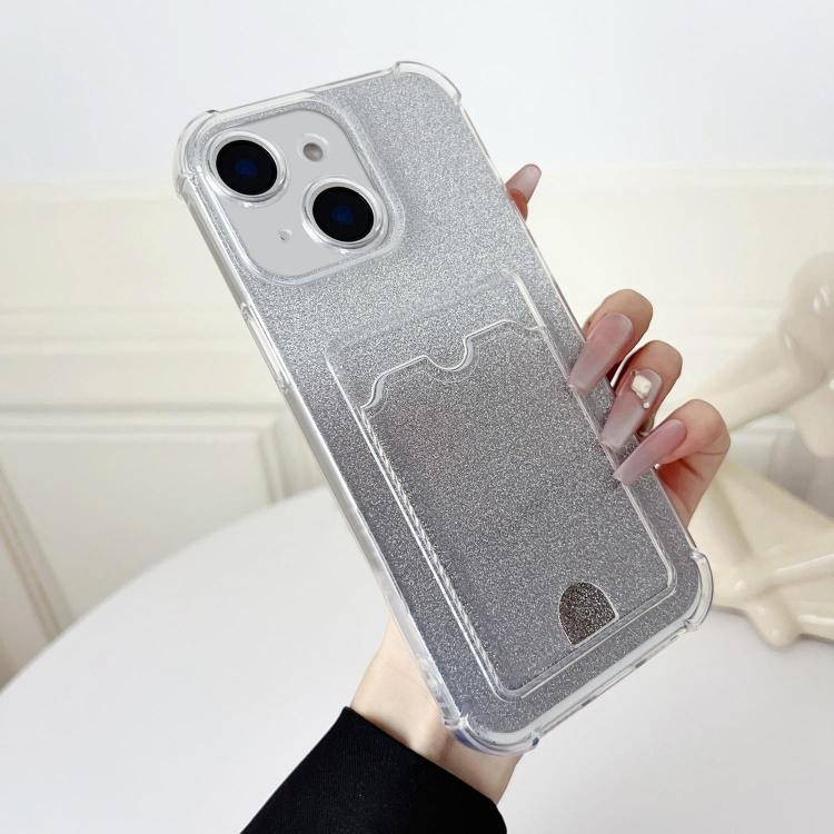 For iPhone 14 Plus Four-cornered Glitter Electroplated Card Bag TPU Phone Case