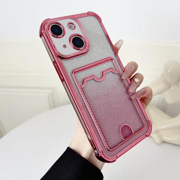 For iPhone 15 Four-cornered Glitter Electroplated Card Bag TPU Phone Case