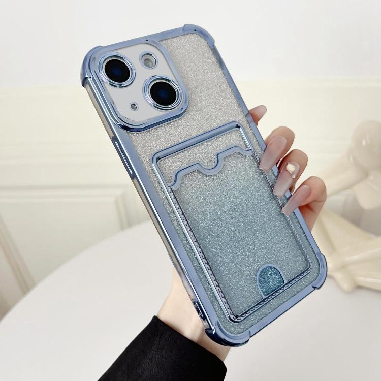 For iPhone 15 Plus Four-cornered Glitter Electroplated Card Bag TPU Phone Case