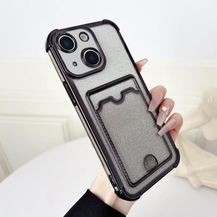 For iPhone 15 Plus Four-cornered Glitter Electroplated Card Bag TPU Phone Case