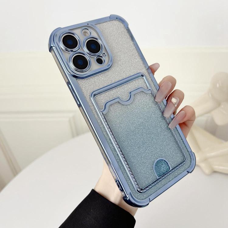 For iPhone 15 Pro Four-cornered Glitter Electroplated Card Bag TPU Phone Case