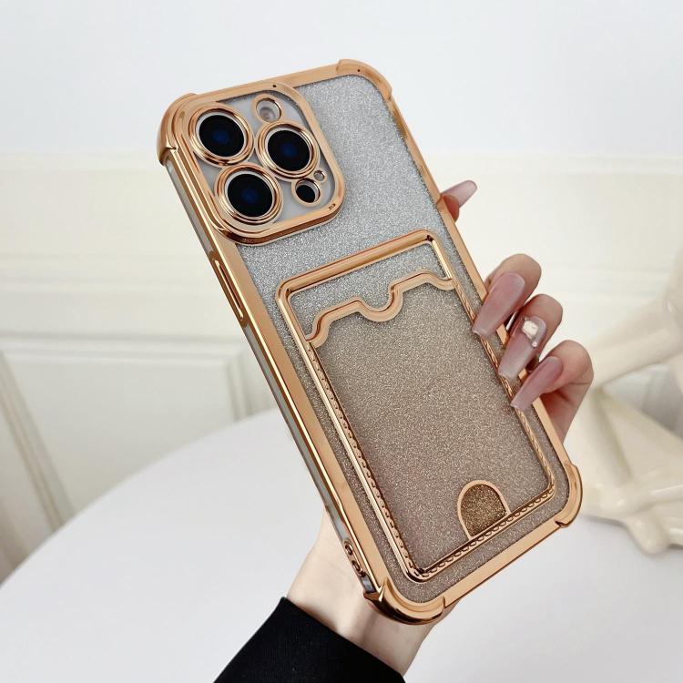 For iPhone 15 Pro Four-cornered Glitter Electroplated Card Bag TPU Phone Case