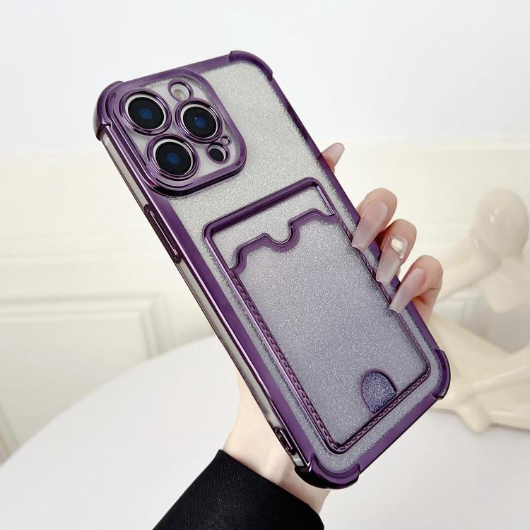 For iPhone 15 Pro Max Four-cornered Glitter Electroplated Card Bag TPU Phone Case