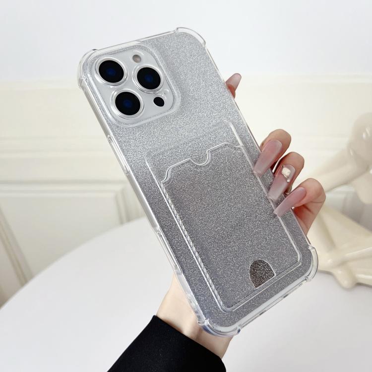 For iPhone 16 Pro Four-cornered Glitter Electroplated Card Bag TPU Phone Case