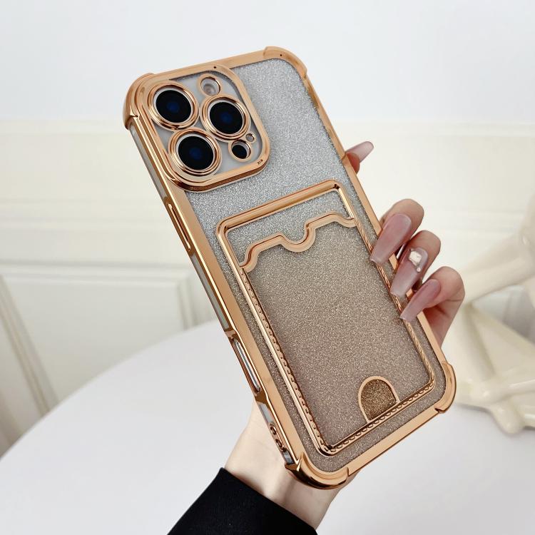 For iPhone 16 Pro Four-cornered Glitter Electroplated Card Bag TPU Phone Case
