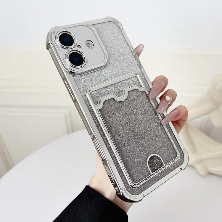 For iPhone 16 Plus Four-cornered Glitter Electroplated Card Bag TPU Phone Case