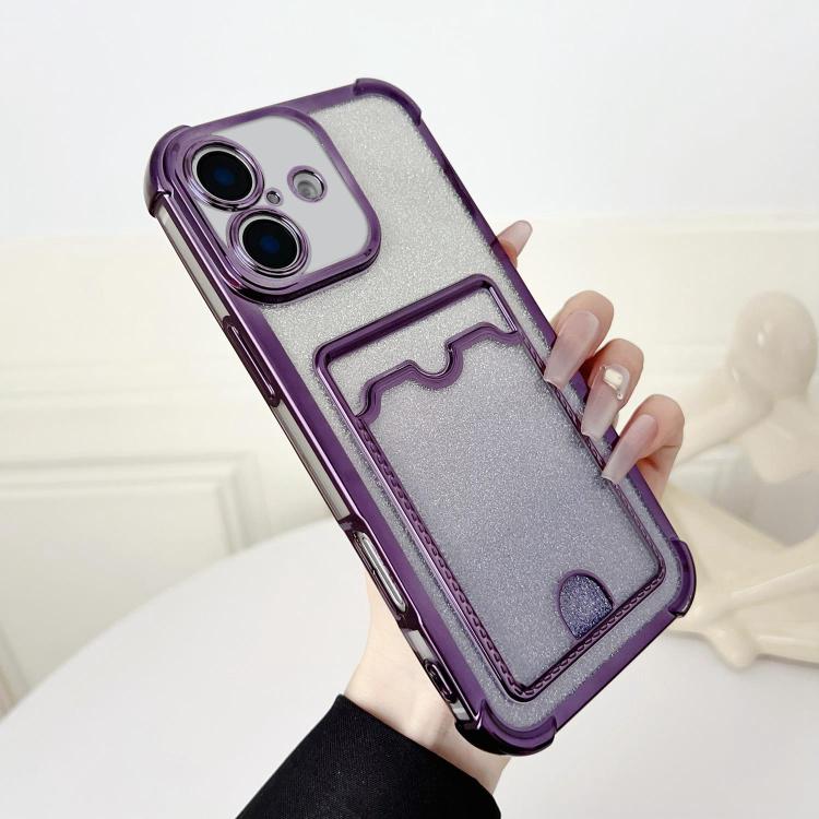 For iPhone 16 Plus Four-cornered Glitter Electroplated Card Bag TPU Phone Case