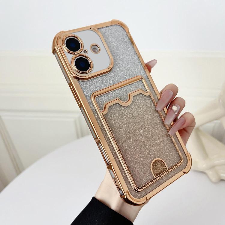 For iPhone 16 Four-cornered Glitter Electroplated Card Bag TPU Phone Case