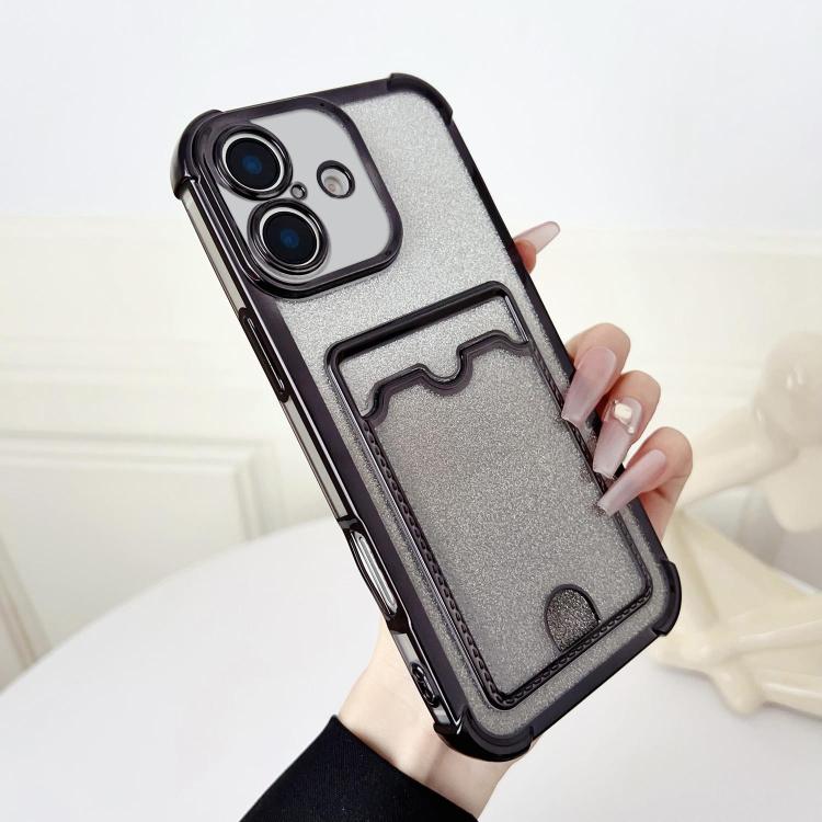 For iPhone 16 Four-cornered Glitter Electroplated Card Bag TPU Phone Case