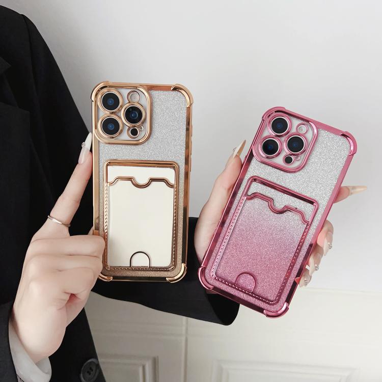 For iPhone 14 Pro Max Four-cornered Glitter Electroplated Card Bag TPU Phone Case