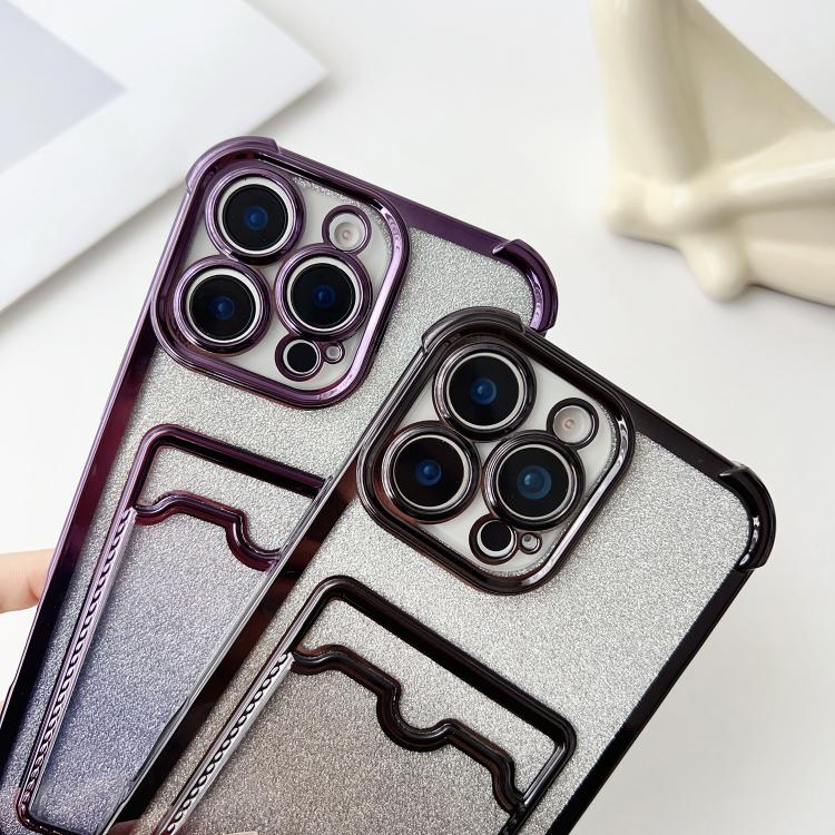 For iPhone 14 Pro Max Four-cornered Glitter Electroplated Card Bag TPU Phone Case