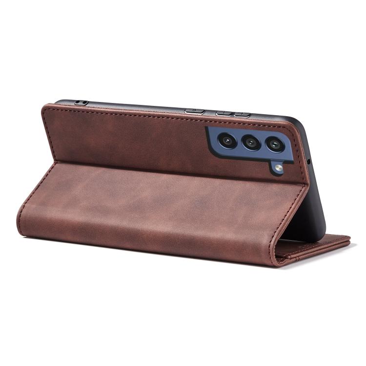 For Samsung Galaxy S21 FE 5G Dreamy Magnetic Dual-fold Calfskin Leather Phone Case