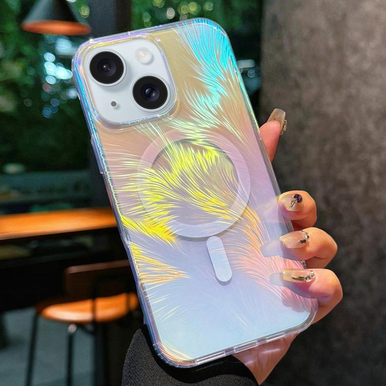 For iPhone 15 Plus Glossy Color-Plated MagSafe Shockproof Phone Case - Colored Feathers