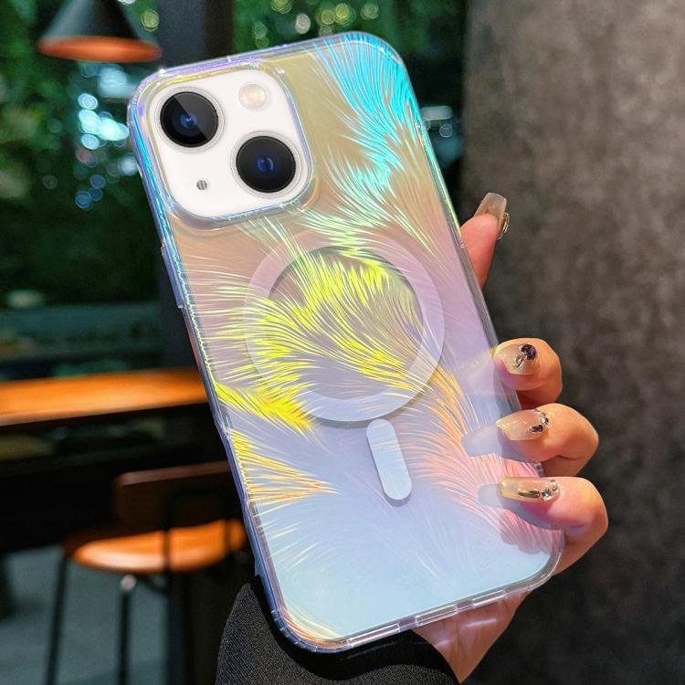 For iPhone 14 Plus Glossy Color-Plated MagSafe Shockproof Phone Case - Colored Feathers