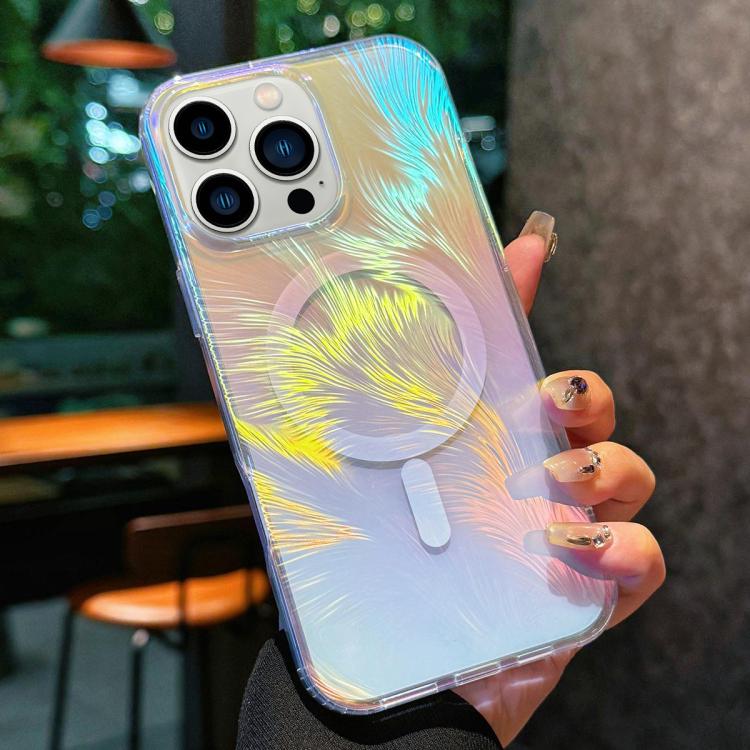 For iPhone 13 Pro Glossy Color-Plated MagSafe Shockproof Phone Case - Colored Feathers
