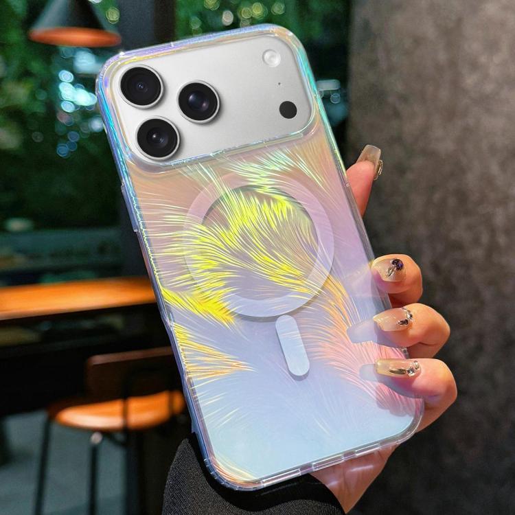 For iPhone 17 Pro Glossy Color-Plated MagSafe Shockproof Phone Case - Colored Feathers