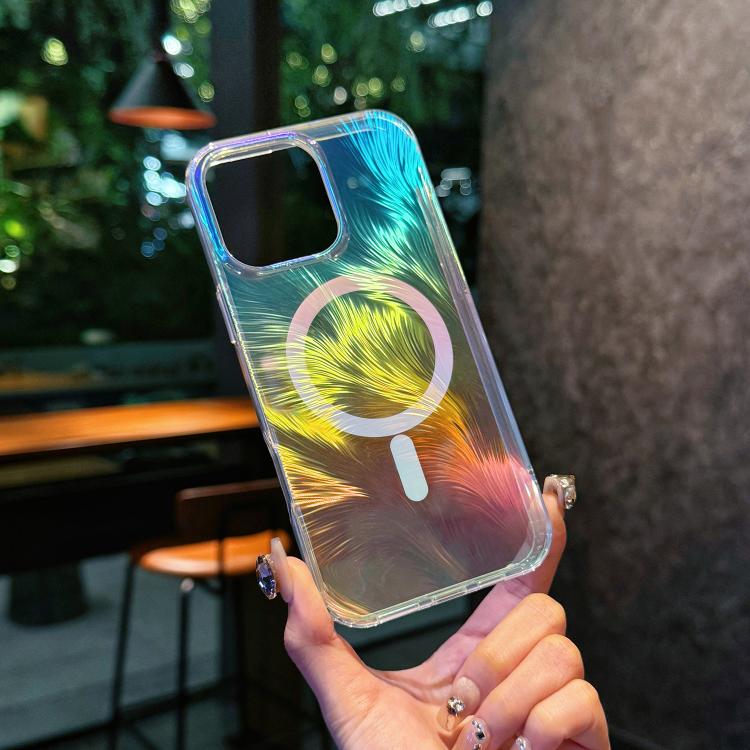 For iPhone 17 Pro Glossy Color-Plated MagSafe Shockproof Phone Case - Colored Feathers