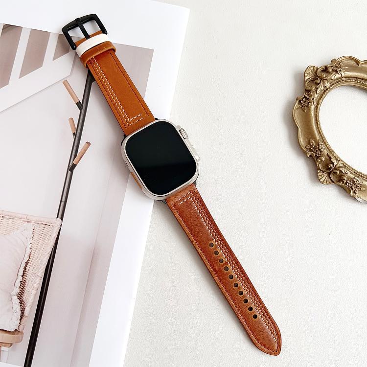For Apple Watch 46mm / 49mm / 45mm / 44mm 7-Line Tri-Star Buckle Pull Up Leather Watch Band