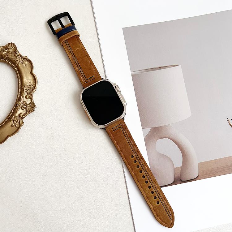 For Apple Watch 46mm / 49mm / 45mm / 44mm 7-Line Tri-Star Buckle Pull Up Leather Watch Band