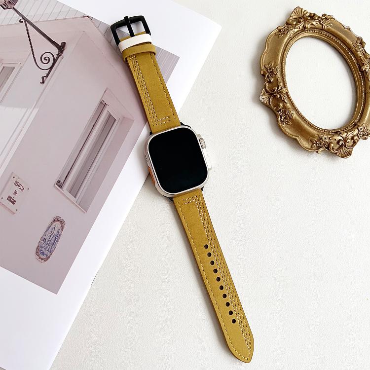 For Apple Watch 46mm / 49mm / 45mm / 44mm 7-Line Tri-Star Buckle Pull Up Leather Watch Band
