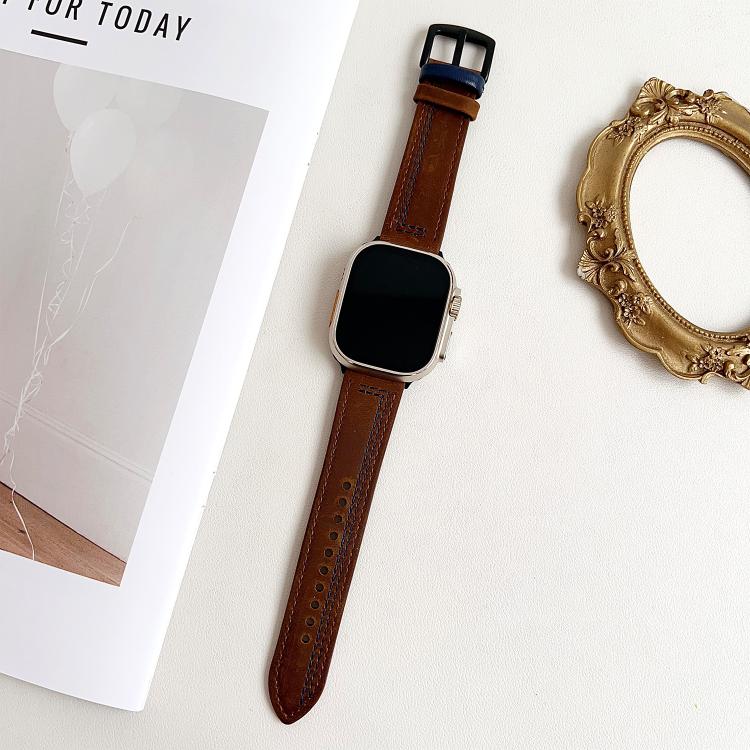 For Apple Watch 46mm / 49mm / 45mm / 44mm 7-Line Tri-Star Buckle Pull Up Leather Watch Band