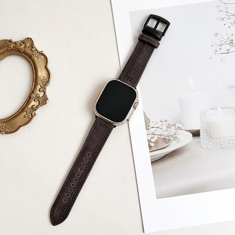 For Apple Watch 46mm / 49mm / 45mm / 44mm 7-Line Tri-Star Buckle Pull Up Leather Watch Band