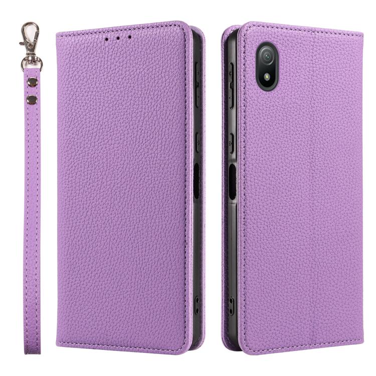 For Sony Xperia Ace III Litchi Texture Dual-Folded Magnetic Suction Vegan Leather Phone Case with Strap