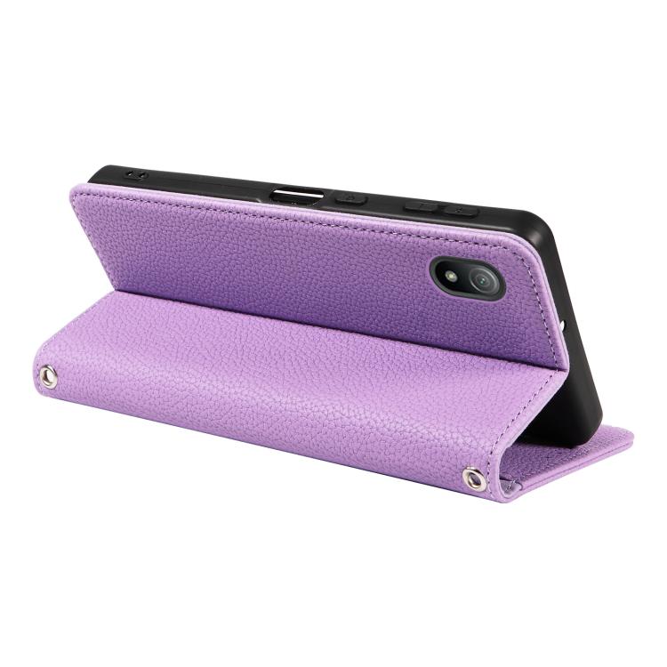 For Sony Xperia Ace III Litchi Texture Dual-Folded Magnetic Suction Vegan Leather Phone Case with Strap