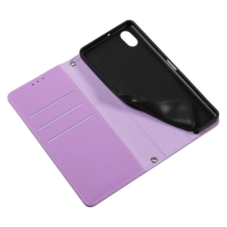 For Sony Xperia Ace III Litchi Texture Dual-Folded Magnetic Suction Vegan Leather Phone Case with Strap
