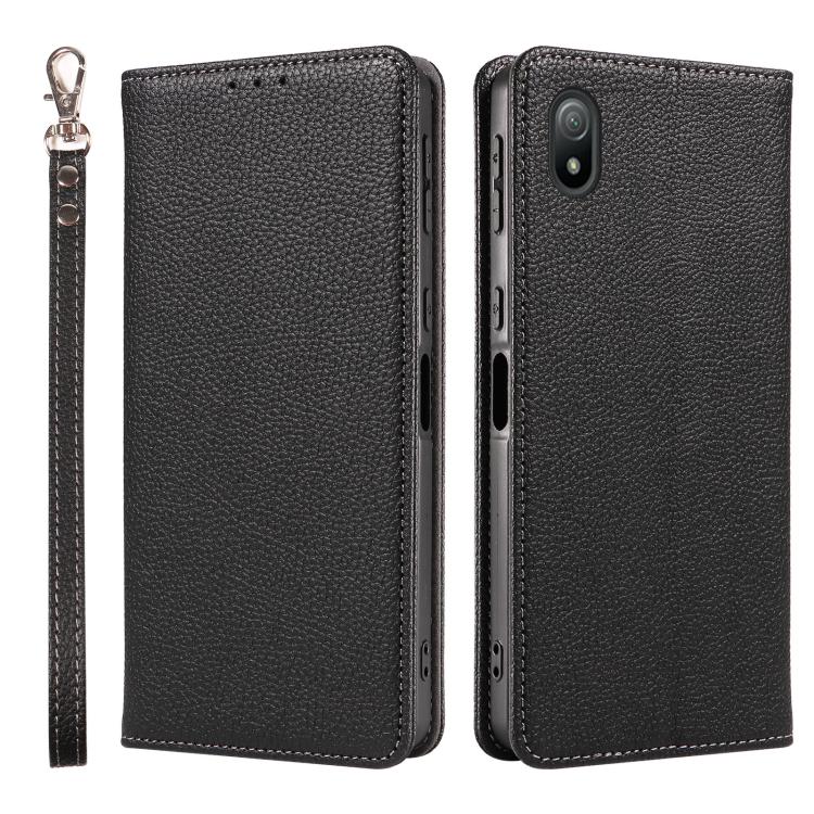 For Sony Xperia Ace III Litchi Texture Dual-Folded Magnetic Suction Vegan Leather Phone Case with Strap