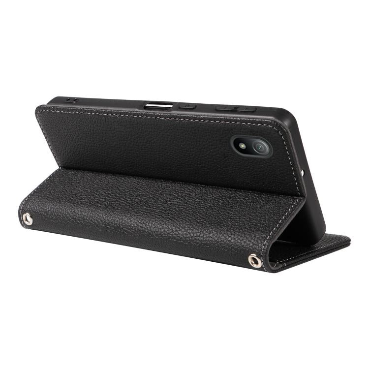 For Sony Xperia Ace III Litchi Texture Dual-Folded Magnetic Suction Vegan Leather Phone Case with Strap