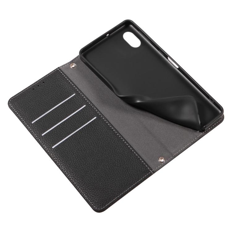 For Sony Xperia Ace III Litchi Texture Dual-Folded Magnetic Suction Vegan Leather Phone Case with Strap