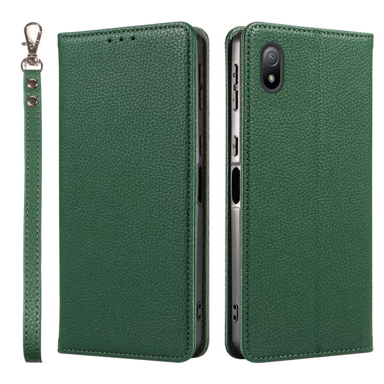 For Sony Xperia Ace III Litchi Texture Dual-Folded Magnetic Suction Vegan Leather Phone Case with Strap