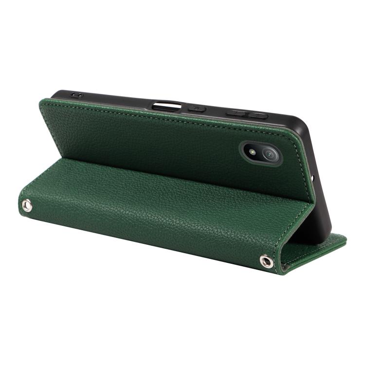For Sony Xperia Ace III Litchi Texture Dual-Folded Magnetic Suction Vegan Leather Phone Case with Strap