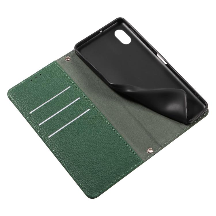 For Sony Xperia Ace III Litchi Texture Dual-Folded Magnetic Suction Vegan Leather Phone Case with Strap