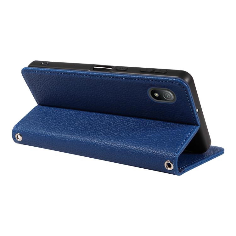 For Sony Xperia Ace III Litchi Texture Dual-Folded Magnetic Suction Vegan Leather Phone Case with Strap