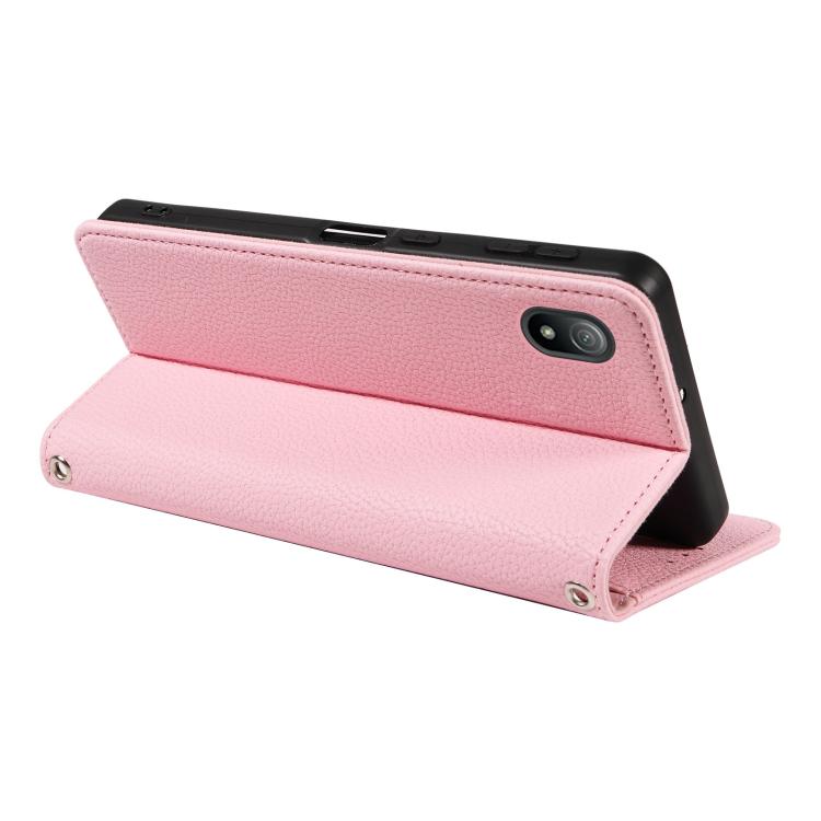 For Sony Xperia Ace III Litchi Texture Dual-Folded Magnetic Suction Vegan Leather Phone Case with Strap