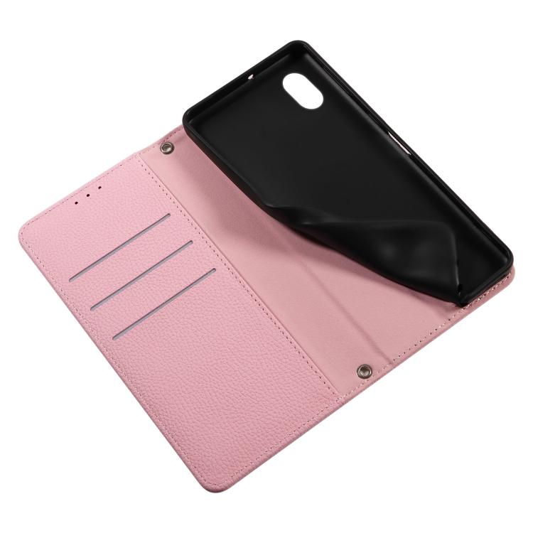 For Sony Xperia Ace III Litchi Texture Dual-Folded Magnetic Suction Vegan Leather Phone Case with Strap