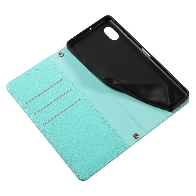 For Sony Xperia Ace III Litchi Texture Dual-Folded Magnetic Suction Vegan Leather Phone Case with Strap