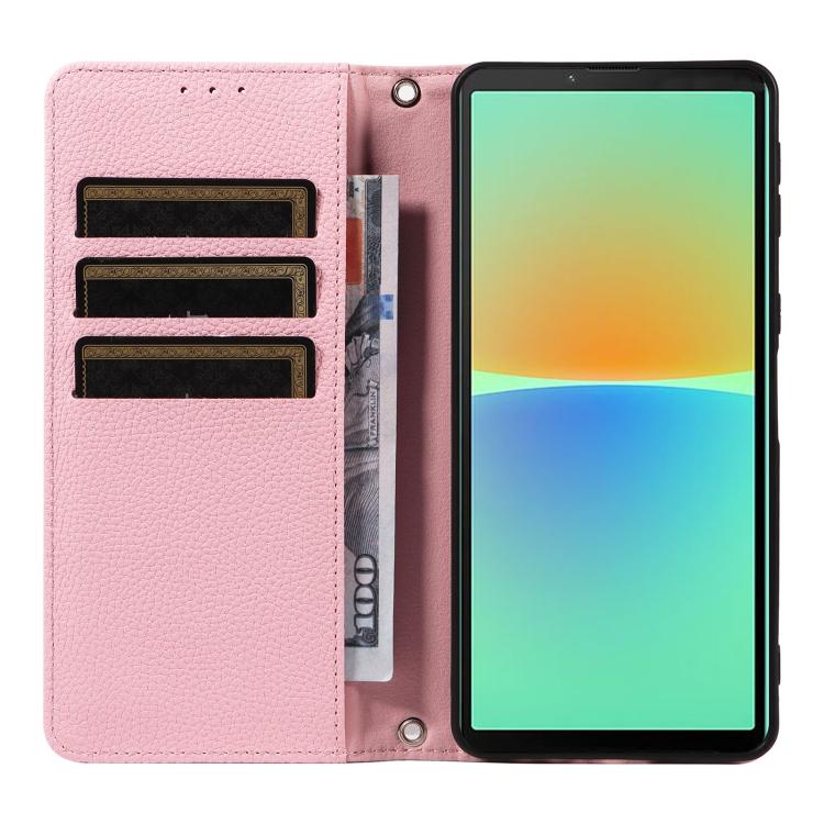 For Sony Xperia 10 IV Litchi Texture Dual-Folded Magnetic Suction Vegan Leather Phone Case with Strap