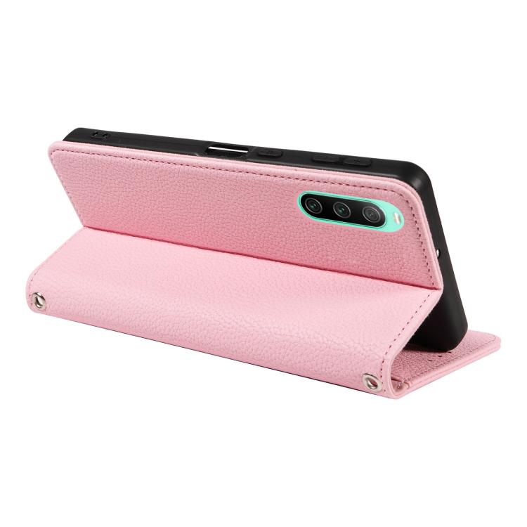 For Sony Xperia 10 IV Litchi Texture Dual-Folded Magnetic Suction Vegan Leather Phone Case with Strap
