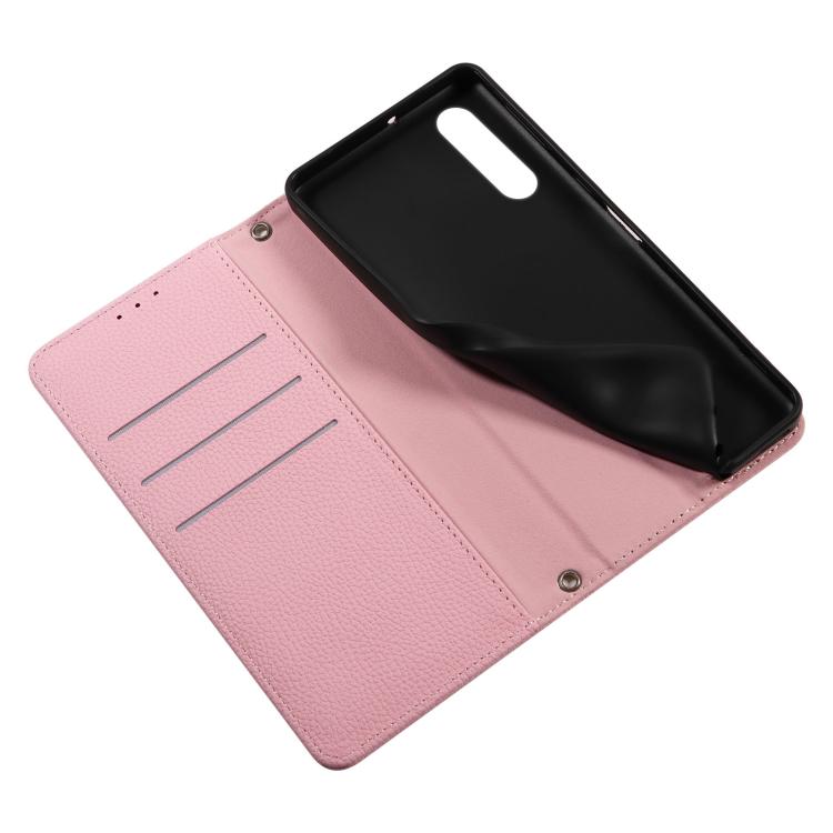 For Sony Xperia 10 IV Litchi Texture Dual-Folded Magnetic Suction Vegan Leather Phone Case with Strap