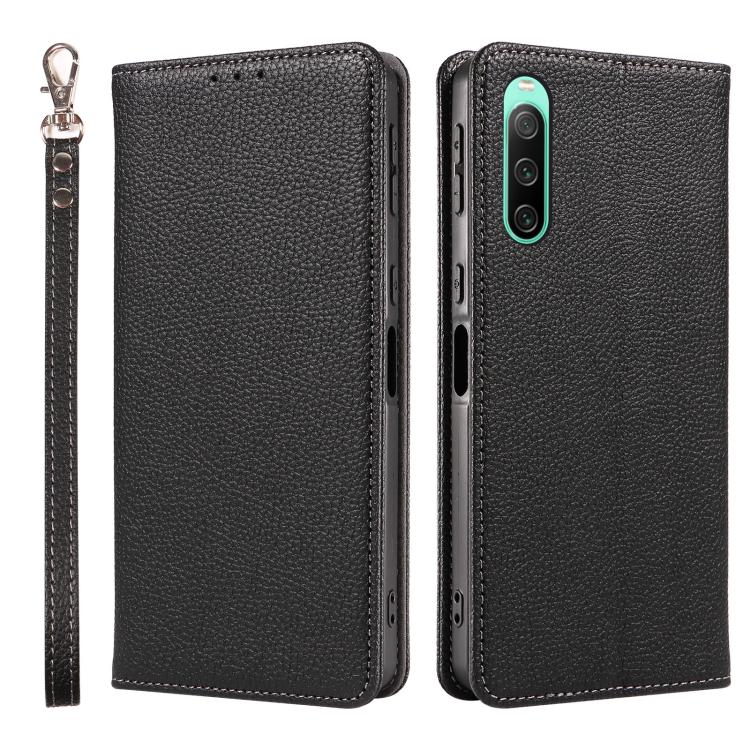 For Sony Xperia 10 IV Litchi Texture Dual-Folded Magnetic Suction Vegan Leather Phone Case with Strap